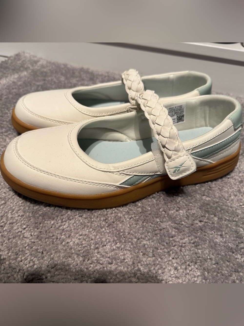 Reebok White Mary Jane Flats with Braided Strap and Gum Sole